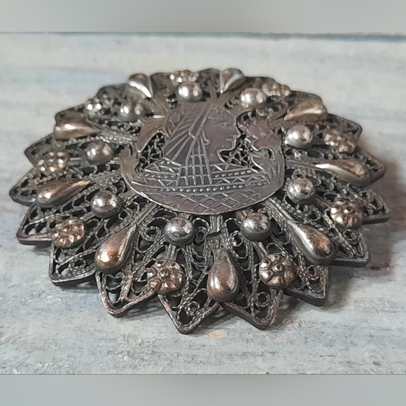 Vintage Sterling Silver Egyptian Filigree Brooch Pin Signed - Picture 4 of 14